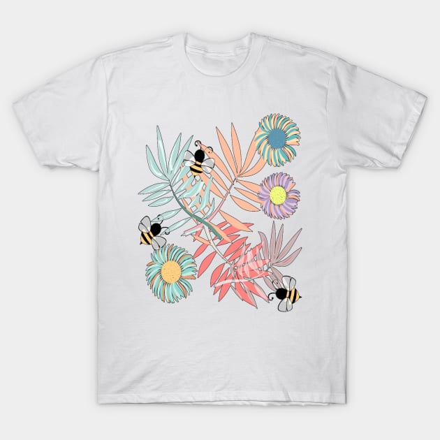 Gerbera, Palms and Bees T-Shirt by RoxanneG